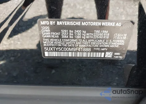 2021 BMW X3 xDrive30I из США, поврежденный, VIN 5UXTY5C00M9F41888